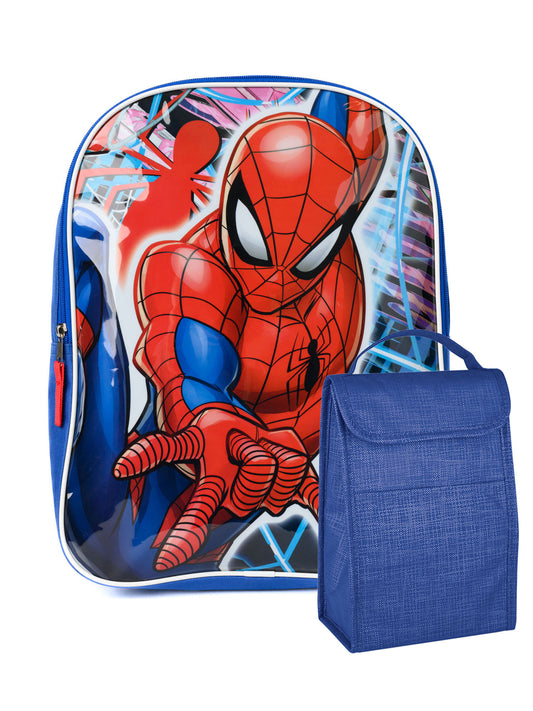 Spider-Man Backpack 15" Marvel Peter Parker & Insulated Lunch Bag Blue Set