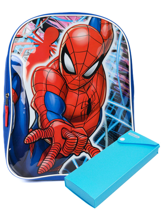 Spider-Man Backpack 15" Marvel Superhero Avenger w/ Sliding Pencil Case Set