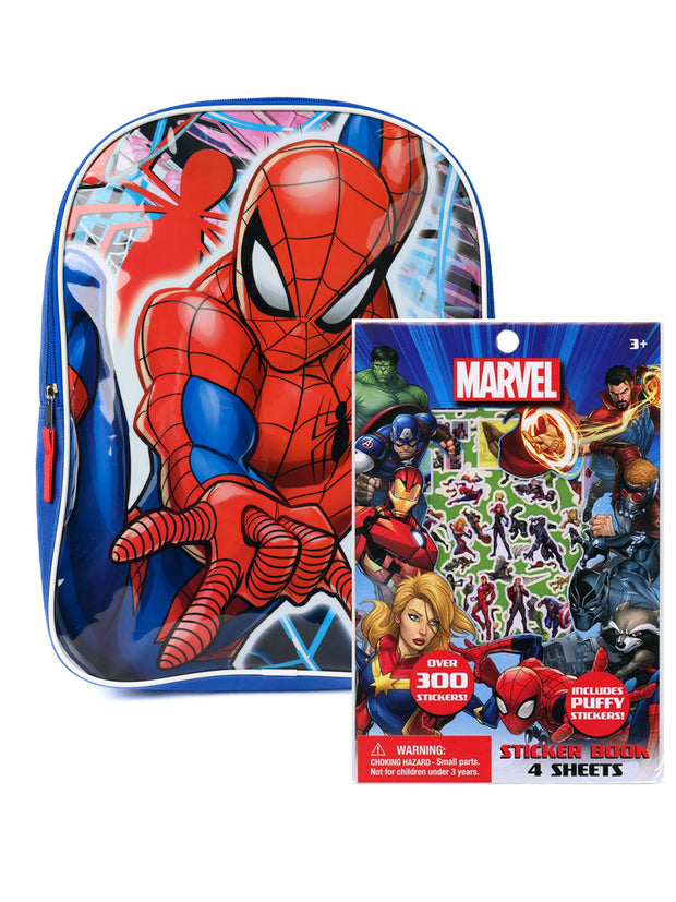 Spider-Man Backpack 15" Peter Parker Superhero w/ Marvel 4-Sheet Sticker Book