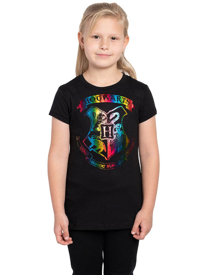 Harry Potter Hogwarts T-Shirt Girls School Crest Rainbow Glimmer Black