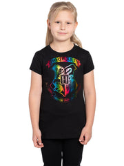 Harry Potter Hogwarts T-Shirt Girls School Crest Rainbow Glimmer Black
