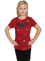 Wonder Woman T-Shirt Superhero Logo Stars Short Sleeve Red DC Comics Girls