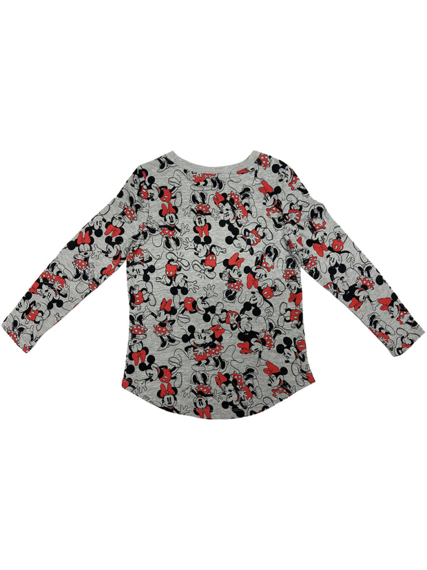 Girls Disney Minnie & Mickey Mouse T-Shirt Long Sleeve AOP Gray Red Size Small
