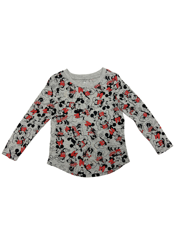 Girls Disney Minnie & Mickey Mouse T-Shirt Long Sleeve AOP Gray Red Size Small