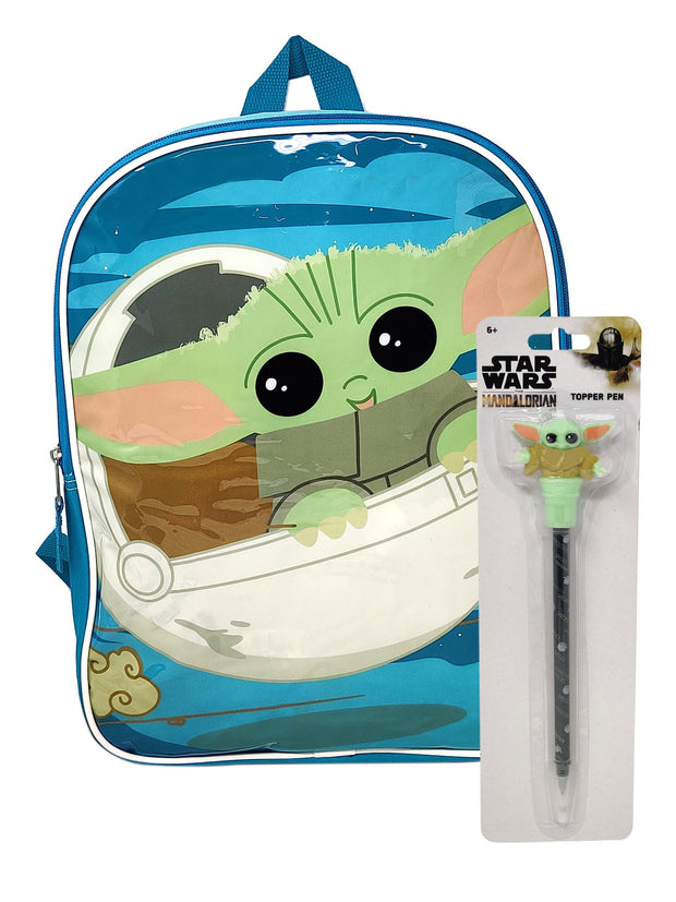 Star Wars 15" Backpack Mandalorian w/ Baby Yoda Grogu Topper Pen Disney Set