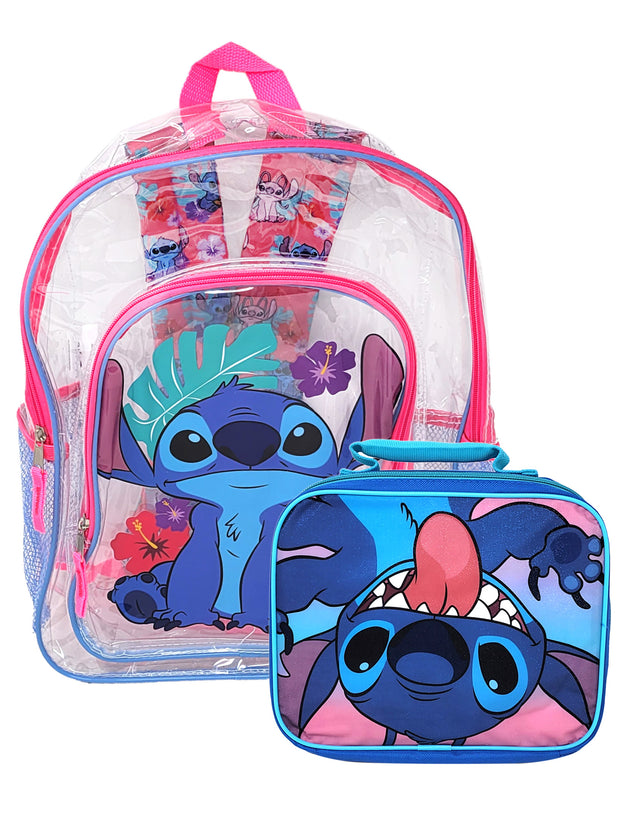 Disney Stitch Transparent Backpack 16" School Bag w/ Insulated Lunch Bag Set