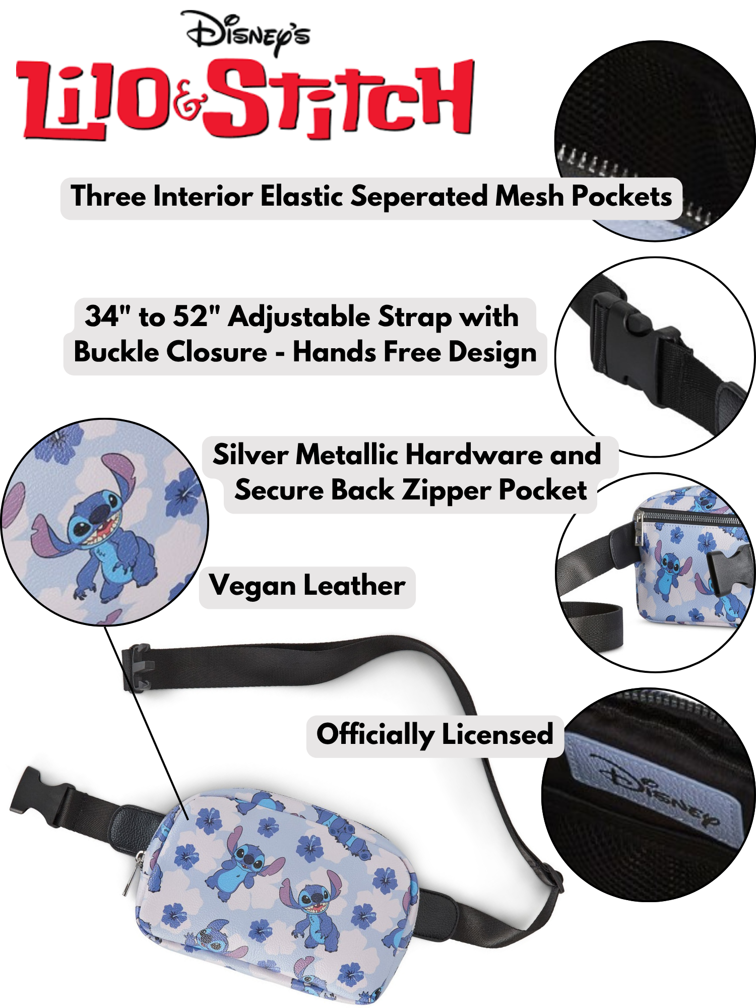 Disney Stitch Belt Bag Crossbody Fanny Pack Waist Bag Women's Floral Print Blue