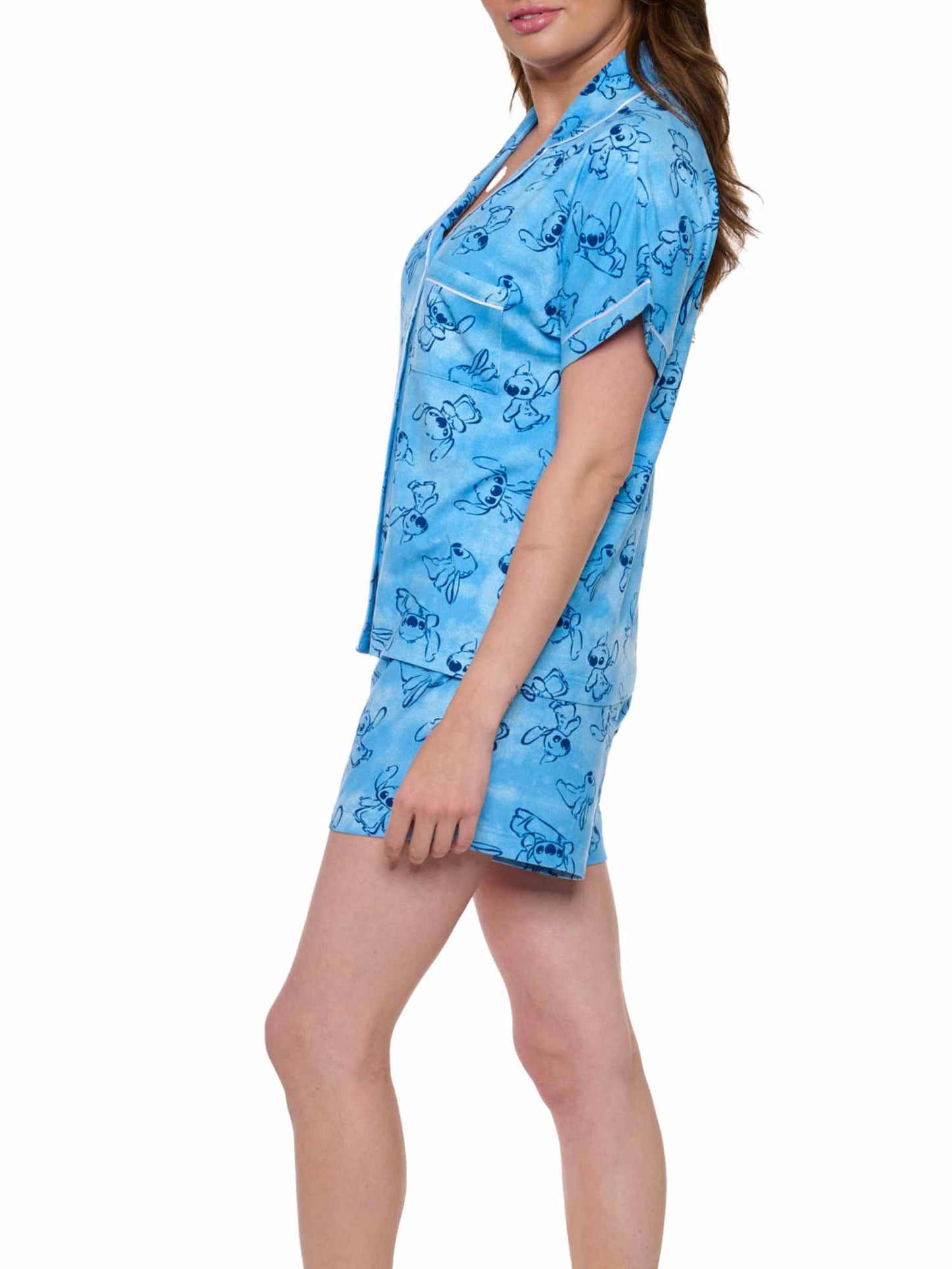 Disney Stitch Pajamas Set Button Down Shirt and Shorts 2-Piece Set Women's Blue