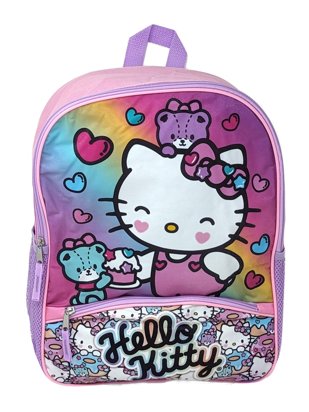 Hello Kitty Backpack 16" Sanrio Front Zipper Pocket Teddy Bears Hearts Cupcakes