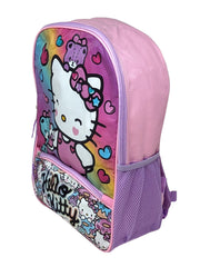 Hello Kitty Backpack 16" Sanrio Front Zipper Pocket Teddy Bears Hearts Cupcakes