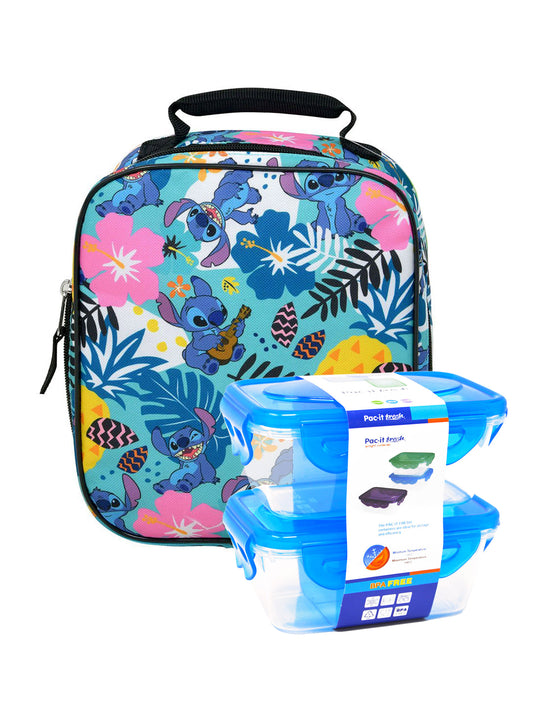 Stitch Insulated Lunch Bag Hawaii Disney w/ 2-Piece Food Container School Set
