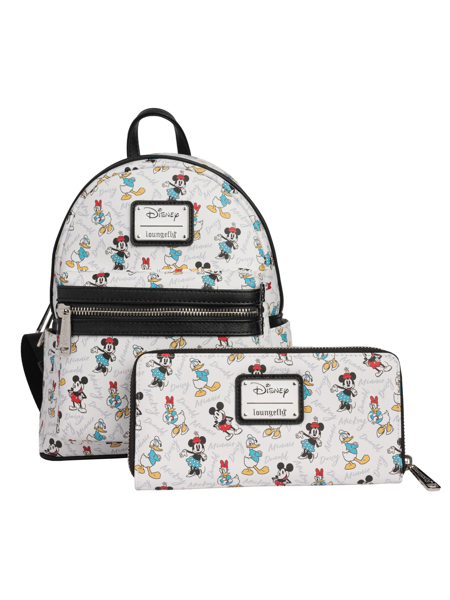 Loungefly x Disney Mickey Minnie Donald Daisy Mini Backpack & Clutch W – Open and Clothing