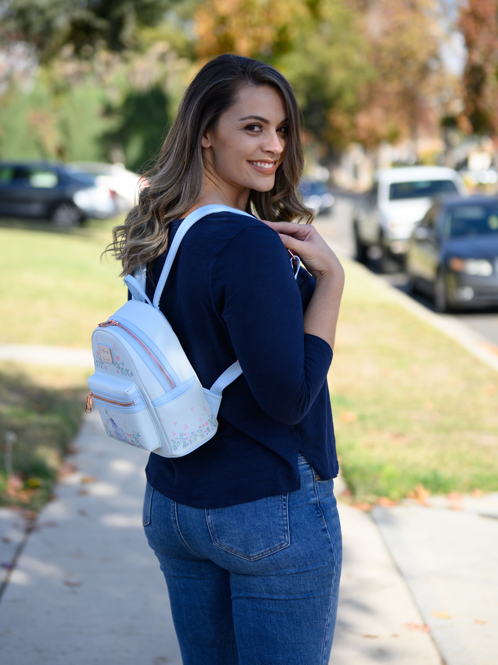 images of a mini blue backpack Small Navy Leather for women zipped compartments Hibiscus Blue Stitch Loungefly Backpack