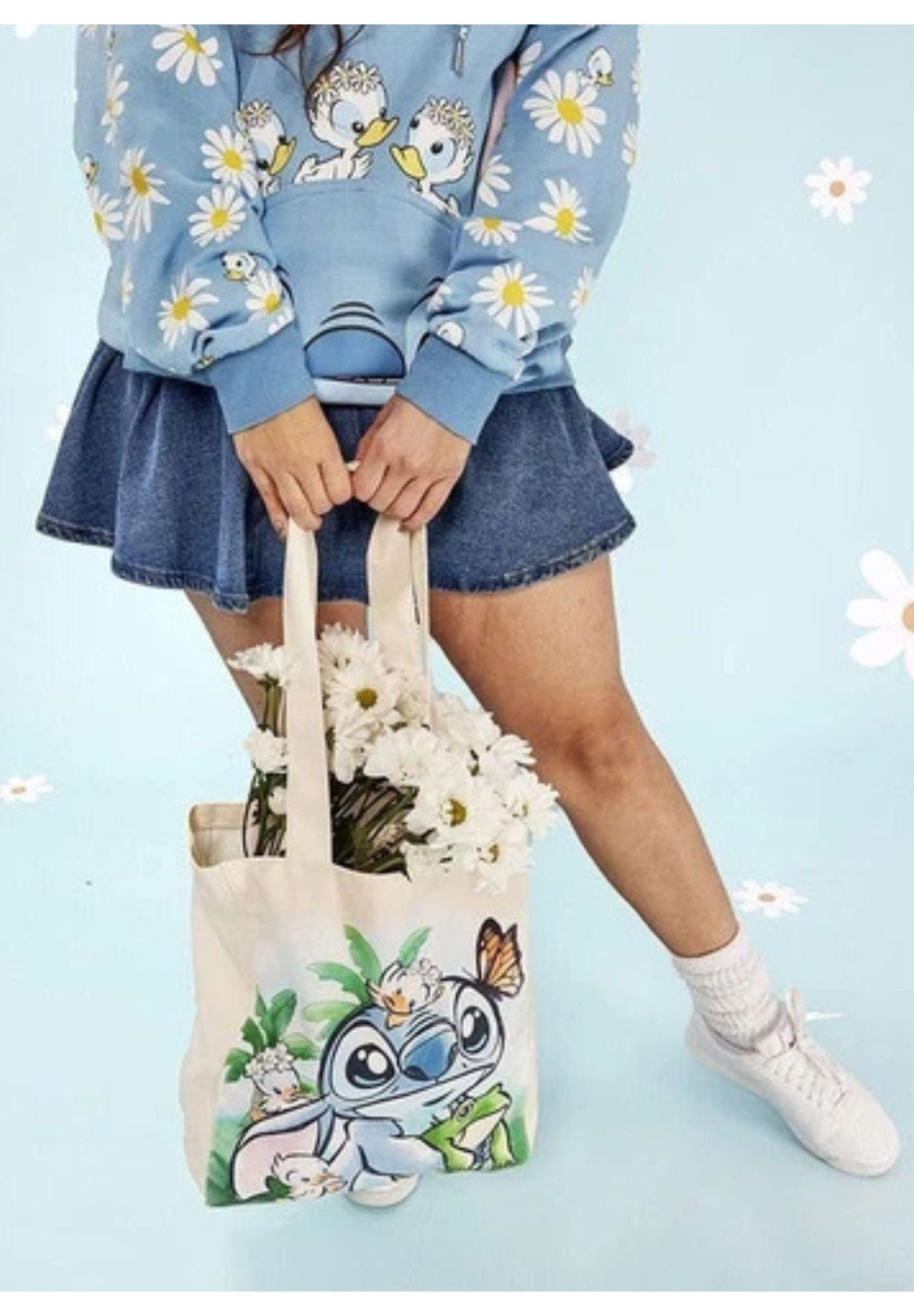 Loungefly x Disney Stitch w/ Frog & Ducks Springtime Canvas Tote Bag