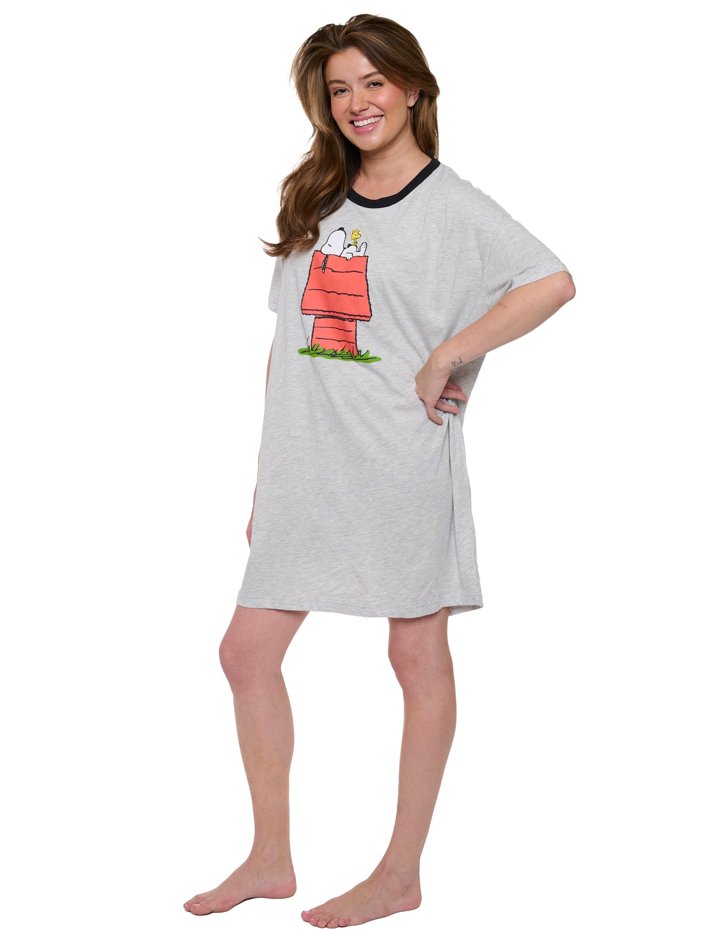 Womens & Womens Plus Size Peanuts Snoopy & Woodstock Sleep Shirt Pajamas Gray