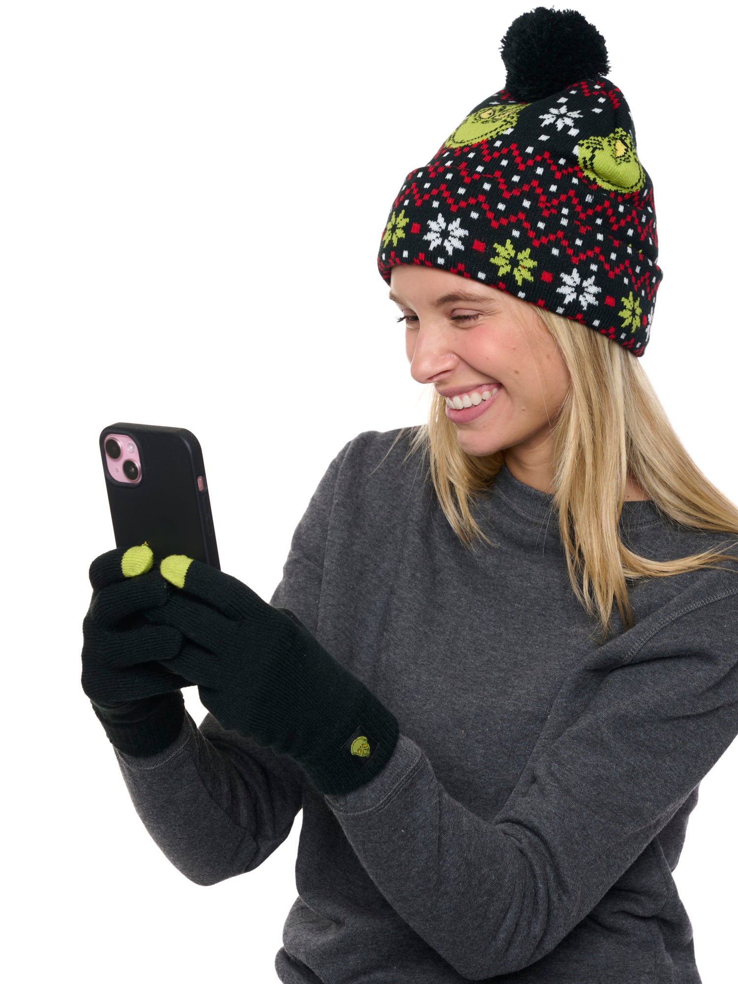 Dr Seuss Grinch Beanie Hat Touch Screen Gloves Women's Men's Knit Christmas