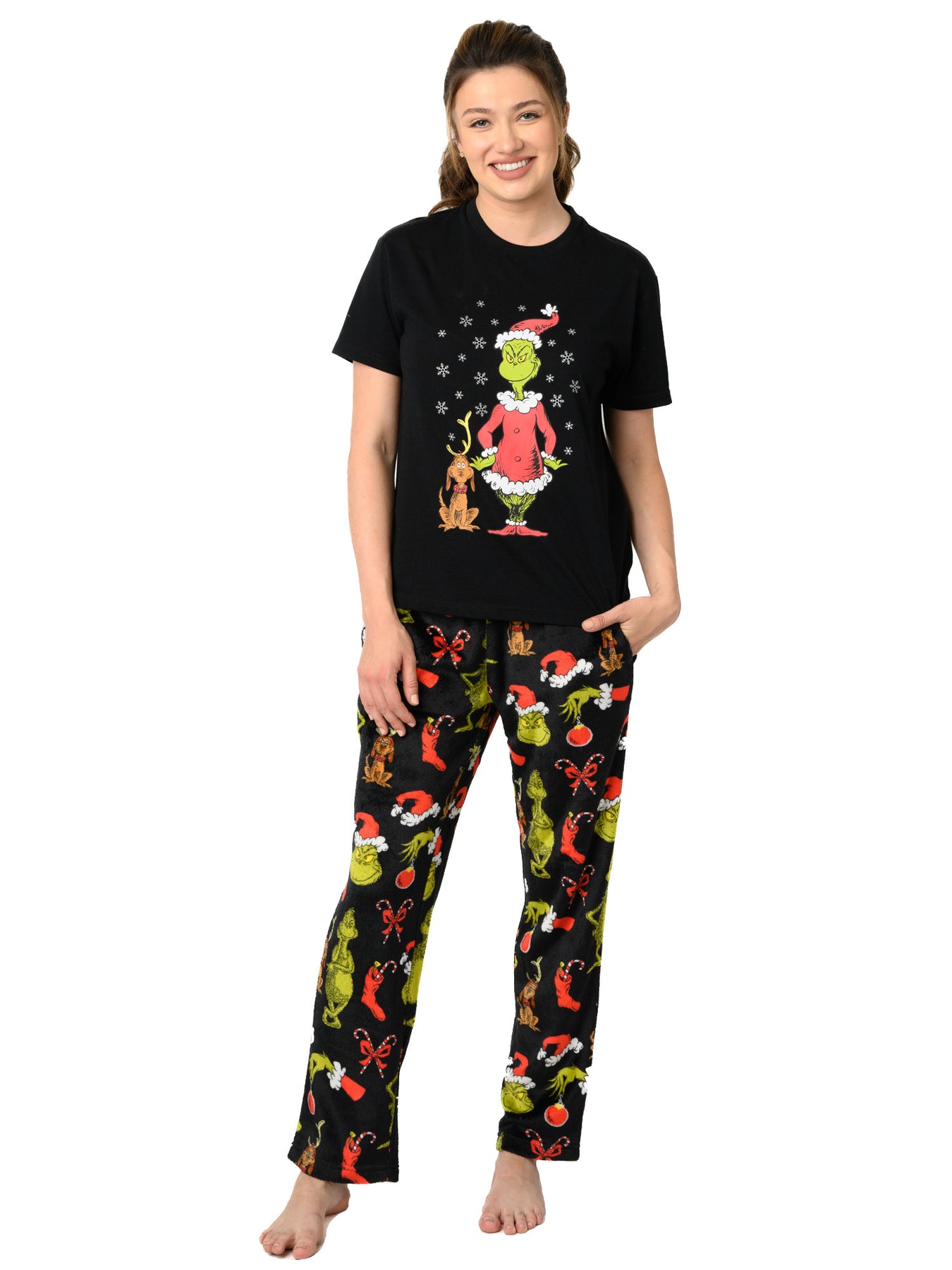 Women's Dr Seuss' The Grinch Pajama Set T-Shirt & Pants Plush Christma –  Open and Clothing