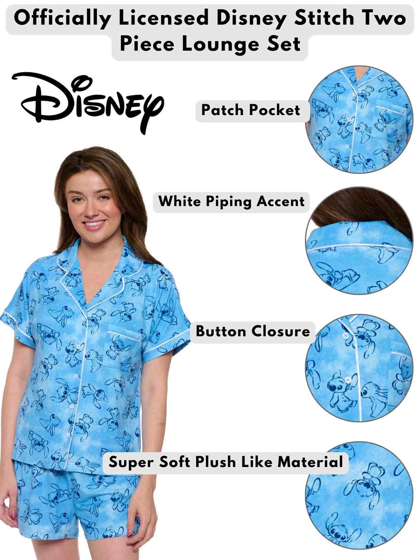 Disney Stitch Pajamas Set Button Down Shirt and Shorts 2-Piece Set Women's Blue