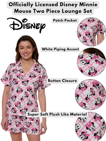 Women's Disney Minnie Mouse 2-Piece Pajama Set Button Shirt Shorts Super Soft
