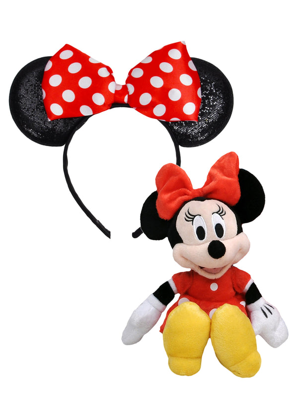 Minnie Mouse Plush Doll Toy 11" & Girls Minnie Headband with Ears Bow Red Set