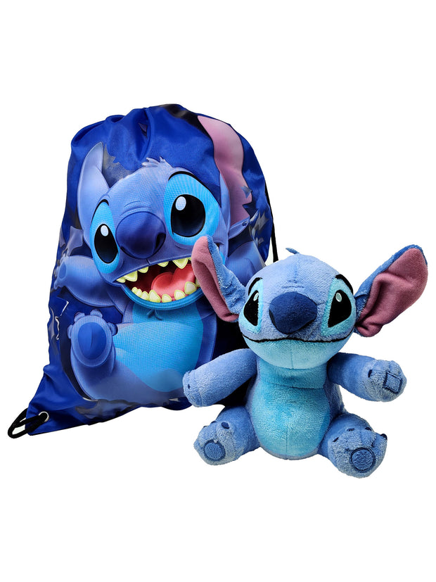 Disney Stitch 11" Plush Toy Doll & 15" Drawstring Tote Cinch Sling Bag Navy Set