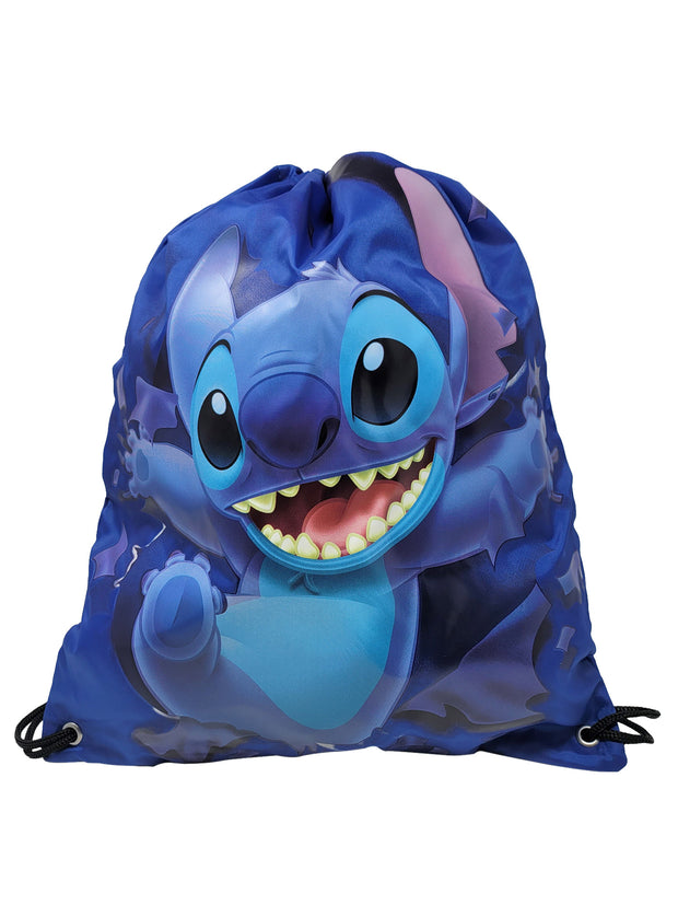 Disney Stitch Breaking Free 15" Drawstring Cinch Tote Sling Bag Navy