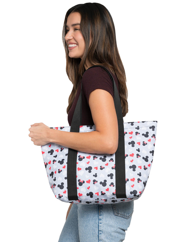 Women's Disney Mickey & Minnie Mouse Heart Icons Zip Tote Bag Gray Red White